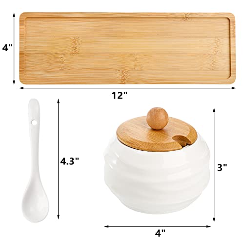 Peohud Set Of 3 Porcelain Condiment Pots, 10 Oz Sugar Salt Jar, Sugar Bowls Set With Ceramic Spoons, Bamboo Lid And Serving Tray, Pottery Pot Spice Jar For Sugar, Salt, Tea, Coffee, Spice #TOP1