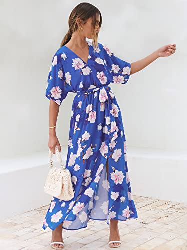 Image of ANRABESS Womens 1 /2 Sleeve Beach Wedding Guest Maxi Dresses 2026 Summer Wrap V Neck Boho Floral Flowy Slit Long Dresses