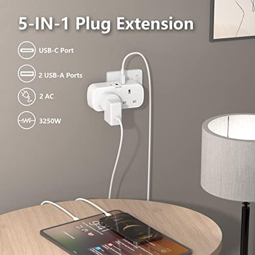 LENCENT Plug Adapter with 3 USB (Included 1 USB-C),Double Wall Plug Extension, Multi Plug 2 Gang Extender Suitable for UK, 13A 3250W for Home, Office, College dormitary