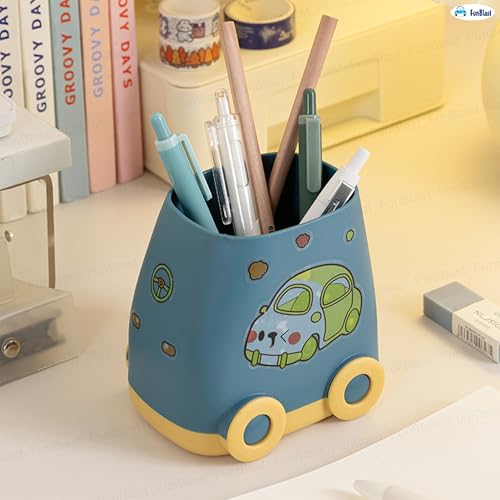 Image of FunBlast Plastic Pen Stand for Study Table, Car Stationary Organizer with Kawaii Stickers, Pen Stand for Kids & Girls, Desk Organizer, Birthday Return Gifts for Kids (Blue)