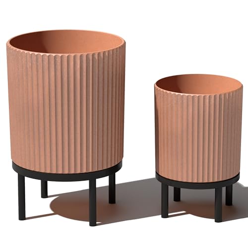 Image of Veradek Demi Series Raised Duo Planters - Set of 2 Planters with Stands | Made From a Durable Plastic-Stone Composite & Comes With Wooden Stand. Modern Porch /Patio Decor
