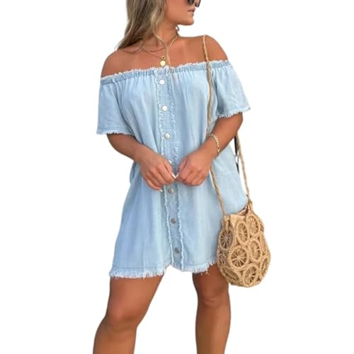 Women’s Off-Shoulder Denim Dress – Short Sleeve Raw Hem Jean, Casual Boho Summer (S-3XL) Light Blue