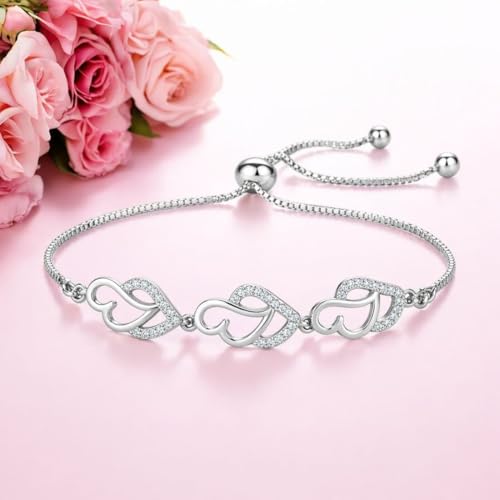 Image of Nilu's Collection Silver & Rose Gold With American Diamond Heart Link Adjustable Bracelet For Women