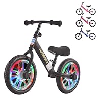 LSBIKE Balance Bike, 12\" Kids Bike Toddler Training Bike No Pedal Children Cycles with LED Light up Wheels Adjustable Handlebar Leather Seat Fixed bracket for 2-3 Years old Boys and Girls (Black)