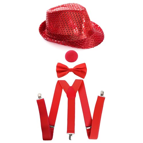 Disfraz de nariz roja de 4 piezas – Conjunto de disfraz unisex de color rojo, tirantes rojos, nariz roja, lazo rojo y sombrero de fédora con lentejuelas rojas.