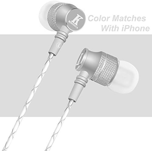 KINVOCA Wired Metal In Ear Earbuds Headphones with Microphone Volume and Case, Bass Stereo Noise Isolating Inear Earphones Ear Buds for Cell Phones, Aluminum Alloy, Carabiner, 3.5mm Jack, Silver