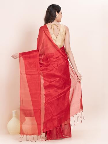 Image of Women's Tissue Cotton Saree | Plain Lightweight Tassel Pallu Saree with Blouse