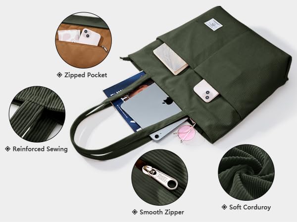 Image of KALIDI Women Corduroy Tote Bag Zipper Casual Tote's Handbag Big Capacity Shoulder Bag with Pockets