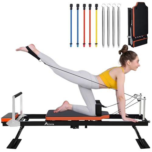 Alivio Foldable Pilates Reformer Machine for Home Gym Full Body Reformer Bed with Adjustable Resistance Quiet Smooth Sliding Rail 3 Height Pulley Risers & Foot Bar 440lbs Capacity