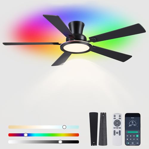 Ayaoty Ceiling Fans with Lights - 52in Flush Mount Ceiling Fan with RGB Dimmable 3CCT 6 Wind Speeds and Reversible Quiet Motor Low Profile RGB Fan Light for Modern Indoor Party - Black