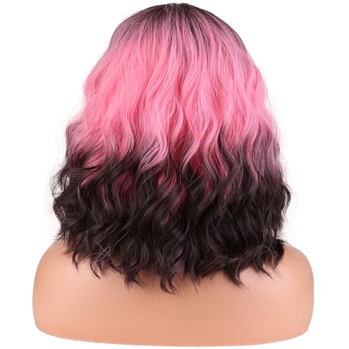 Image of BERON Hot Pink Ombre Brown Wigs Short Curly Wave Wigs for Women and Girls Shoulder Length Wavy Heat Resistant Synthetic Wig Cosplay Costume Party or Daily
