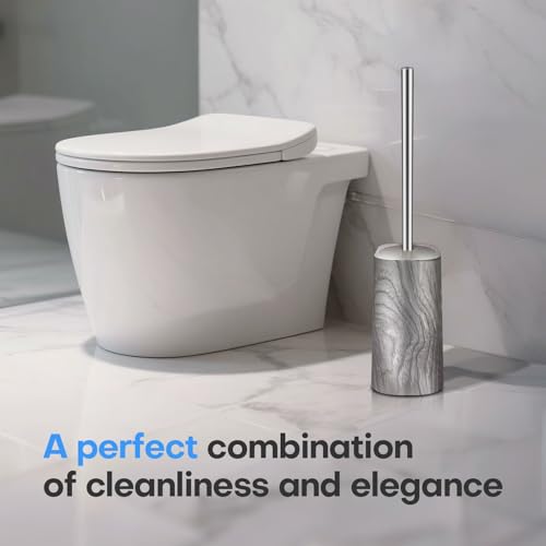 Image of Marble Colored Toilet Brush and Holder Set,Stainless Steel Long Handle and Marble Colored Base for Bathroom Deep Cleaning，Space Saving for Storage，Drip-Proof，White