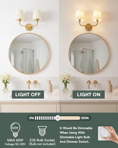 Image of 2-Light Gold Bathroom Vanity Light, Beige Pleated Fabric Shade | 17 inch 2-light gold double wall sconce with beige pleated fabric shades, E26 bulbs, hardwired, upward only, VL837-BG-Z-B-2