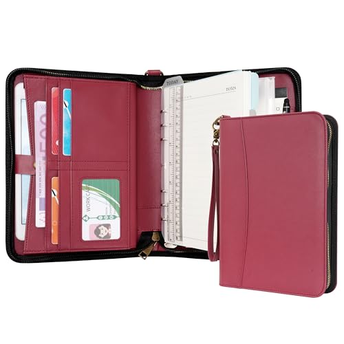 WASON - Wason Portefeuilles A5 à Anneaux avec Fermeture Éclair - Carnet de Notes en Cuir PU avec Bloc-Notes Détachable et Rechargeable, Juridique pour Professionnelle, Études et Voyages (Rouge)