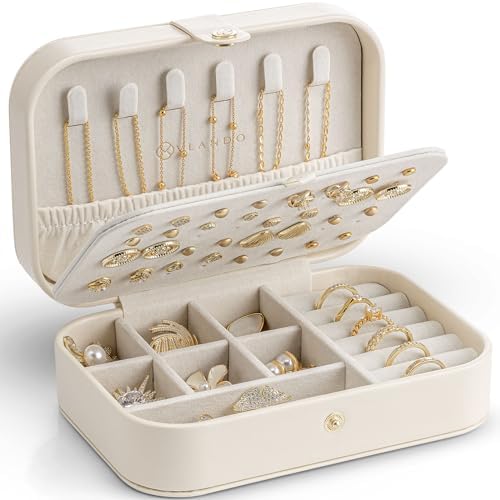 VLANDO Schmuckkästchen Reise, Schmuckaufbewahrung Klein, für 48 Ohrringe | Urlaub Must Haves, Geschenk für Damen, Für Halsketten, Ringe,Weiches Samtfutter, Kompakt Leicht, Beige