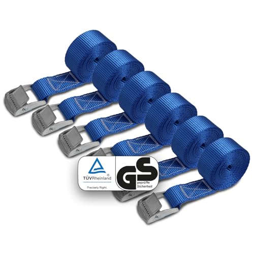 Spanngurte Zurrgurt | TÜV geprüft | Spanngurt Befestigungsgurt mit Klemmverschluss | Blau | Belastbar bis 250 kg | Diverse Längen Stückzahlen - 6er Pack 2.5 cm x 2.5 m