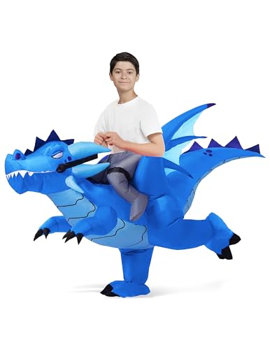 Spooktacular Creations Inflatable Costume for Kids, Ride on Ice Dragon Inflatable with Hat, Cool Ride On Blow Up Dragon Costume Blue (Child 4-6 yr)