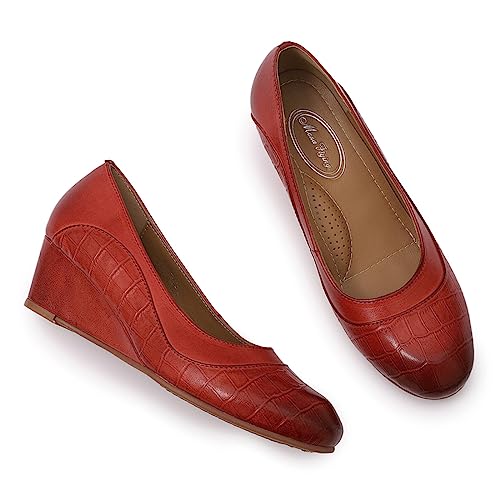 Image of Mona flying Women's Leather Closed Toe Mid Heel Wedges Comfy Dress Pumps