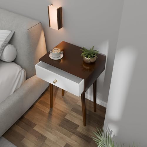 Image of Device Bas with BROWN ART SHOPPEE Coffee Table with Drawer and Solid Wood Legs, Bedside Table for Bedrooms, Century Modern Drawer Storage Cabinet for Living Room Furniture (Brown & White)