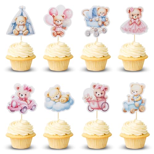 Arthsdite 24Pcs Baby Shower Bear Cupcake Toppers Balloon Cloud Baby Bear Baby Shower Car Rocking Chair Tent Cupcake Picks Decorations Birthday Party Supplies for Boys - Bule Pink