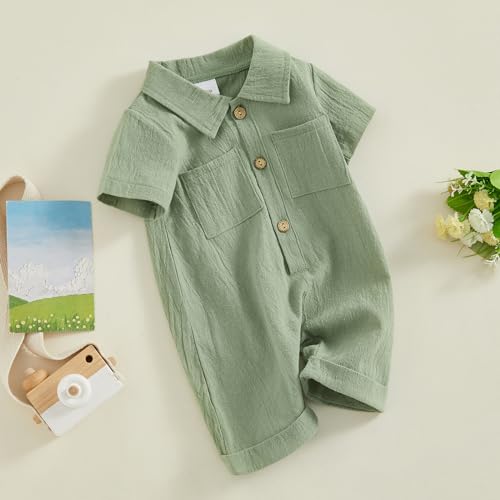 Honganda Newborn Baby Boy Summer Jumpsuit Short Sleeve Button Down Cotton Linen Shirt Romper Gentleman One Piece Outfit2