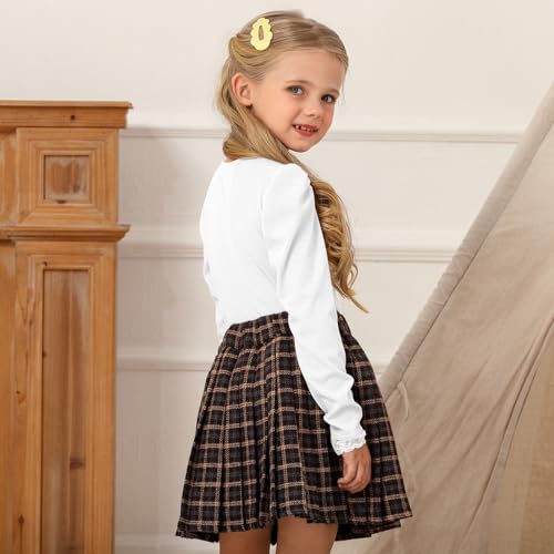 Girls Blouses Long Sleeve T Shirts for Girls Tops Tees Puff Round Neck Rib Kids Tshirt White Beige Caramel3