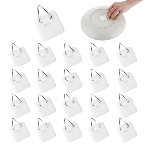 Sibba 20Pcs Invisible Adhesive Plate Hangers 1.25Inch Wall Plate Hanger Display Holder Vertical Pictures Grips Strong Sticky Hook Hanging Storage Clips Organization Pegging for Art Decor