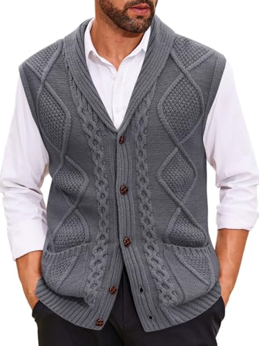Runcati Mens Cable Knit Sweater Vest Shawl Collar Casual Slim Fit Sleeveless Button Down Cardigan Vest with Pockets