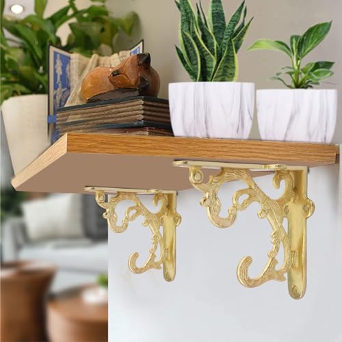 Image of Metal Handcrafted Shelf Bracket for Floating Shelves L Angle Decorative L Shaped Corner Brace Joint Heavy Duty Wall Mounted Shelf Supporter Corner Brace Holder (Gold, Pack of 2)