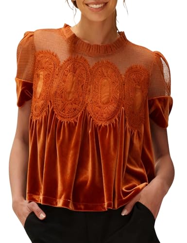 hathne Velvet Lace Blouse for Women Elegant Casual Crew Neck Short Sleeve Top Loose Fit Flared Swing Shirt(Orange 2XL)