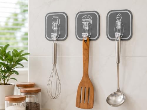 Image of 6 PCS Self Adhesive Wall Hooks Heavy Duty Waterproof Oil Proof No Drill Wall Hanger for Bathroom Kitchen Office Bedroom Coat Towel Keys Bags (6 Pcs, Grey)