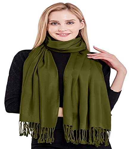 CJ Apparel Olive Green Solid Color Tassels Design Nepalese Shawl Scarf Wrap Stole Throw Head Wrap Pashmina Hand Made in Nepal New4