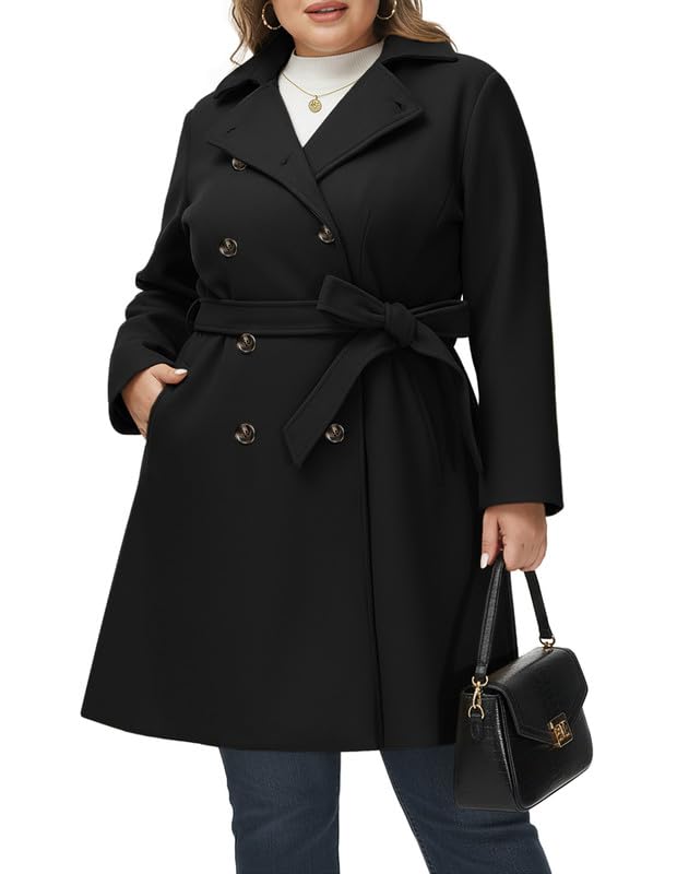 Hanna Nikole Manteau en laine pour femme Grandes tailles Manteau d'hiver à double boutonnage avec poches Ceinture Manches longues Trench de longueur moyenne,...