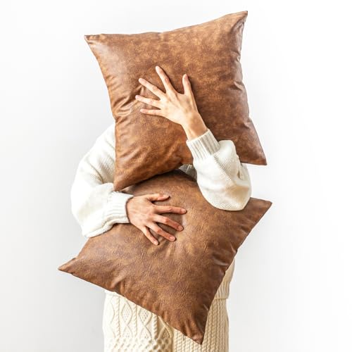 GEGELICA Pack of 2 Faux Leather Pillow Covers, Soft Rustic Farmhouse Neutral Vintage Decorative Cushion Cover, for Home Decor Outdoor Waterproof Pet Hair Resistant Pillow Covers 18X18 Inch Brown