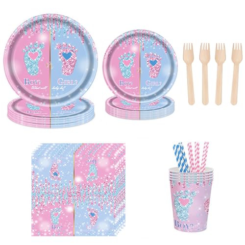 Gender Reveal Table Decorations, 120 Pcs Boy or Girl Footprint Gender Reveal Party Tableware Set - Paper Plates Napkins Cups Forks & Straws - Baby Gender Reveal Ideas Party Supplies for 20 Guests