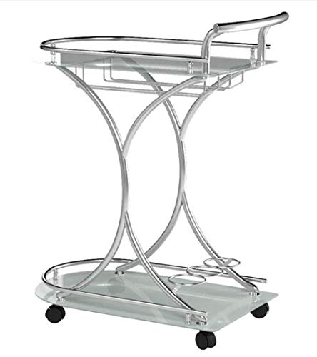 Coaster Home Furnishings Modern Contemporary 2 Shelf Serving Bar Cart Trolley Frosted White Tempered Glass Caster Wheels Wine Bottle Holder Stemware Rack Chrome #TOP2