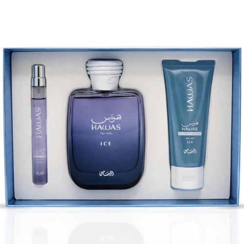 Image of RASASI Hawas Ice For Men 3 Piece Gift Set Eau De Parfum Spray 100ML (3.4 Oz), 10ml (0.33 Oz) Travel Spray & Shower Gel 60ml (2.0 Oz)