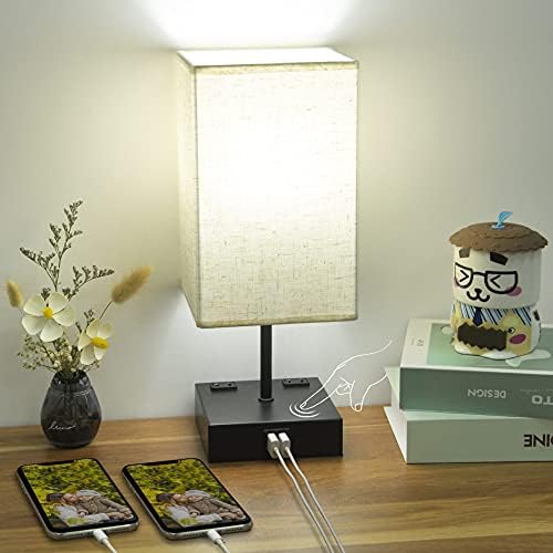 Cotanic 3-Way Dimmable Touch Control Bedside Lamp, Table Lamp for Bedroom,2 USB Charging Ports,2 AC Outlets,Cuboid Fabric Lampshade,Decorative Nightstand Lamp,5000K Daylight E26 LED Bulb Included