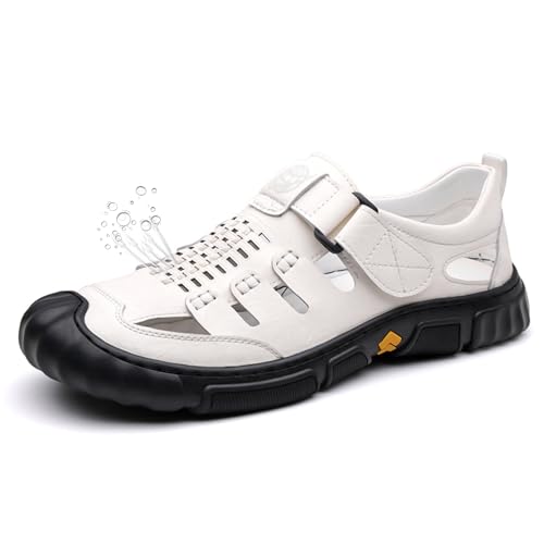 Men's Waterproof Leather Sandals, Closed Toe Water Sandals, Outdoor Hiking Shoes with Adjustable Straps, Casual Lightweight Non-slip Shoes