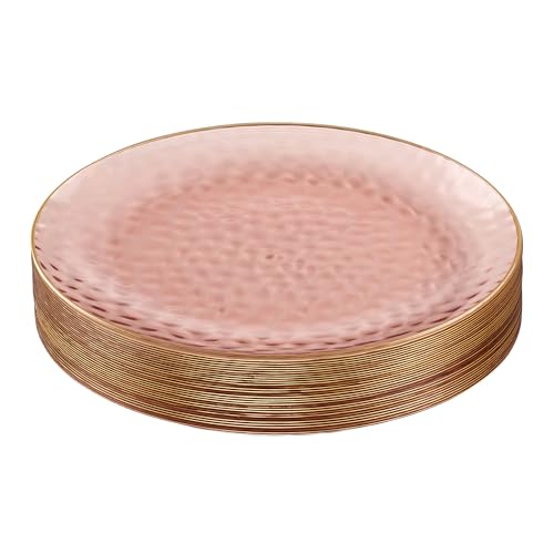 PLASTICPRO 30 Pack Hammered Plastic Plates Heavyweight Disposable Plastic Plates Elegant Rose Color with Gold Rim Platsic Party Dishes (Hammered Rose With Gold Rim, 9'' INCH PLATES)