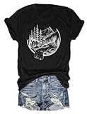 Womens Funny Heart Mountain Camping Tree Graphic Tee Forest Print T-Shirt Casual Hike Short Sleeve(S,Black-4)