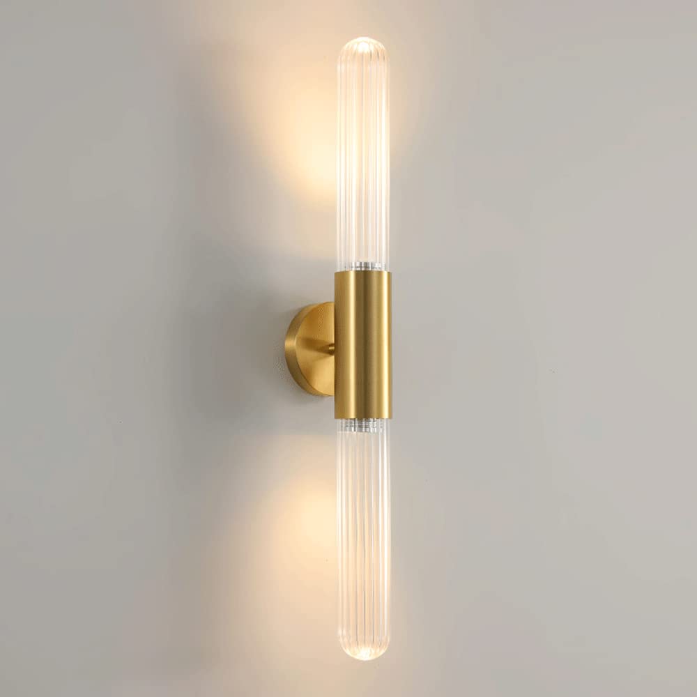 Lampada da parete a tubo lungo in ottone a 2 luci con paralume in vetro a strisce, applique da parete con illuminazione GU10 post moderna, lampade da parete con flauto sul comodino della camera da let