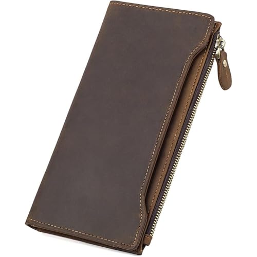Genuine Leather Wallet for Men Vintage Long Bifold RFID Checkbook Holder (Brown)