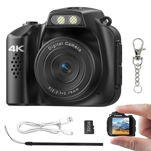 Mini Keychain Camera - 4K Mini Retro Digital Camera - Tiny Pocket Size Photo Video Cameras with 32GB Card - Small Compact Micro Portable Video Recorder for Travel Study Recording(Black)