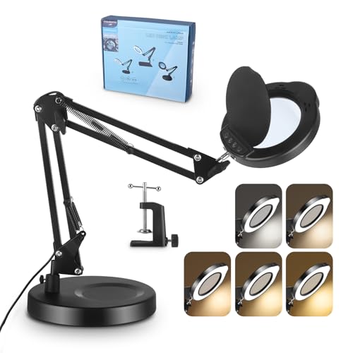 Lente LED Con Luce E Supporto, Ingrandimento 15x, Lampada Da Scrivania 2-In-1 Con Base E Morsetto, 5 Modalità Di Colore Regolabili, Braccio Orientabile A 360° Per Leggere, E Hobby A Mani Libere