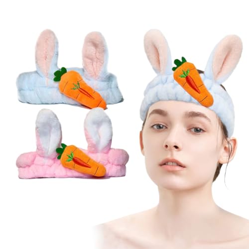 LAKJUOZ Juego De 2 Diademas De Orejas De Conejo Con Decoración De Zanahoria Diademas Elásticas Lindas Diademas Para Lavarse La Cara Maquillarse Bañarse
