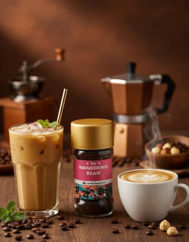 Image of The Wandering Bean Hazelnut Instant Coffee Blend With Rich & Smooth Nutty Flavoured Coffee (Pack Of 1, 100 Grams) Gift Festive, Best Gift Hamper, Granules, Bottle