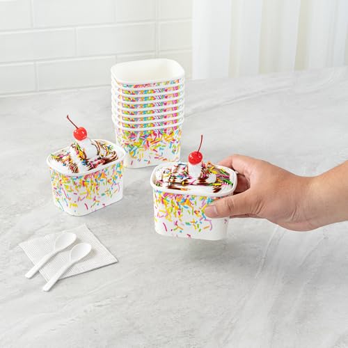 Image of Restaurantware Paper Cups 50 Count 12 Ounce Square Disposable Ice Cream Containers, Leak-Resistant Paper Dessert To Go Cups, Hot And Cold Food, Durable Party Sprinkles Design