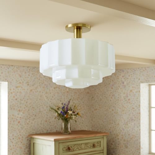 YESIDS Milk Glass Ceiling Light Fixture - 13.7'' Antique Gold