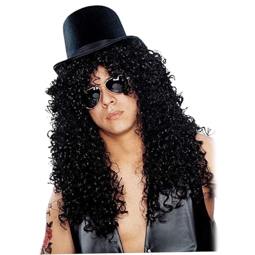 Perruque des années 80 pour homme punk rock bouclée avec lunettes et chapeau